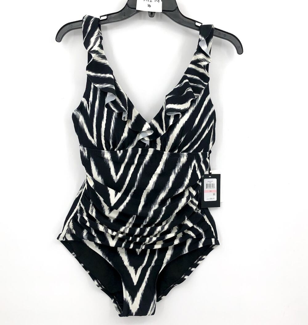 DKNY Ruffle One-piece Swimsuit Size 10 Black White Zebra Tummy Control NWT